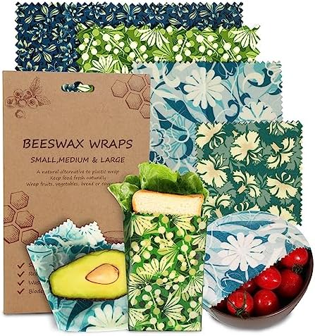 Reusable Beeswax Wrap, 4 Pack Eco-Friendly Beeswax Wraps For Food, Organic, Sustainable, Biodegradable, Zero Waste, Plastic-Free Food Storage (Flowers and Leaves) by celsirex