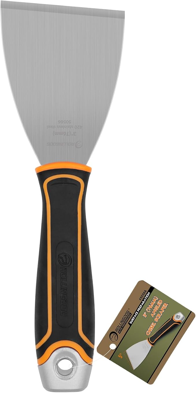 ROLLINGDOG 3" Angled Stiff Chisel Scraper, 5 Degree Angled Putty Knife with Metal Hammer Cap, Rubber Gripped Handle, Paint Scraper into Corners