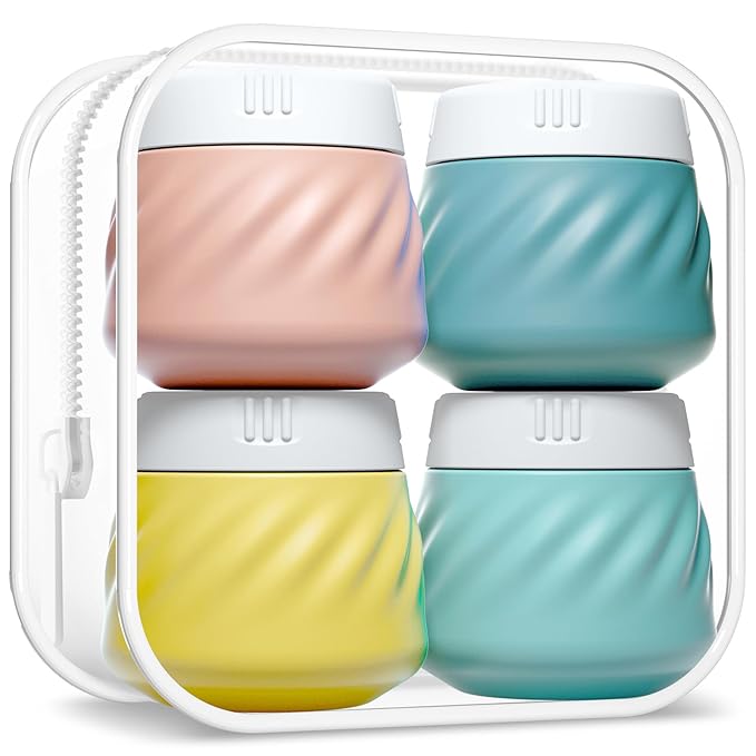 Gemice Silicone Cream Jars TSA Approved Travel Size Containers with Toiletry Bag, Wide Mouth Leak-proof Travel Accessories with Lid for Cosmetic Cream (4 Pack)