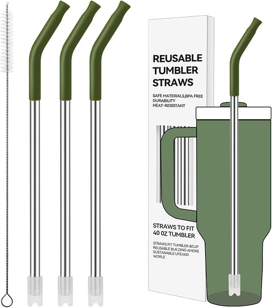 Reusable Metal Straws with Silicone Tip for Stanley 40oz,Stainless Steel Drinking Straws for 40oz Tumbler,3 Straight Tubes & 6 Tips& 1 Cleanr Brush(Dried Pine)