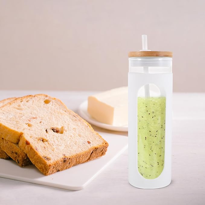 Glass Drinking Cup with Straw and Lid, 16Oz Reusable Glass Tumbler with Silicone Sleeve, Cold Brew Water Bottle for Coffee, Juice, and Beverage, White Cover for Home and Travel Use