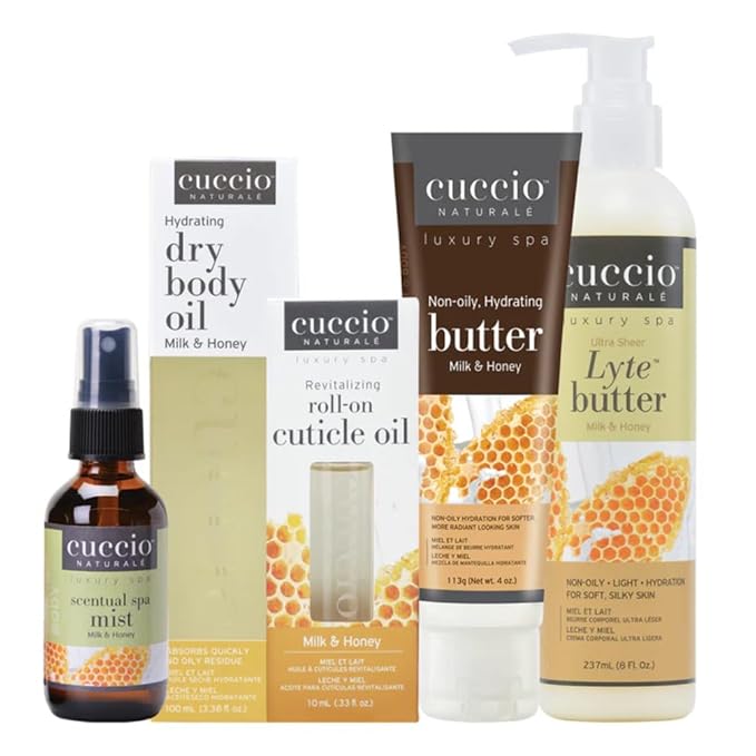 Cuccio Naturale Milk & Honey 5 Piece Gift Basket Set – Spa Collection with Body Butter, Lyte Lotion, Dry Body Oil, Spa Mist & Cuticle Oil – Nourishing Self-Care Gift for Women