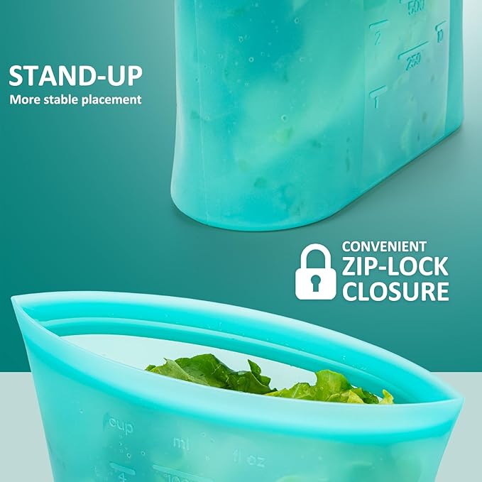 8-Pack Reusable Silicone Food Storage Bags, 100% Silicone Stand-Up Wide-Open Zip-Lock Reusable Storage Bags for Food, Freezer Microwave Oven Dishwasher Safe, Aqua, 4M 4S