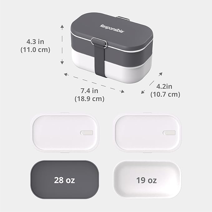 Responsible Products Leak Resistant Bento Box with Tableware for Adult - Teens, Insulated Lunch Box for Women - Men - Girls - Boys, BPA Free, Dishwasher Safe, Microwave Safe, Freezer Safe, 46 oz