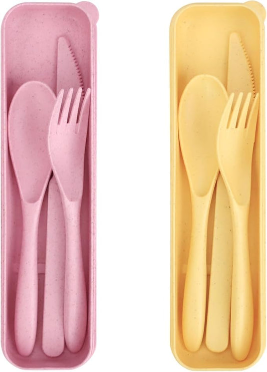2 Sets Reusable Utensil Set with Case, Portable Camping Fork Knife Spoon Set, Travel Utensils for Lunch Box, for School Work Lunch or Daily Use (Pink, Light yellow)