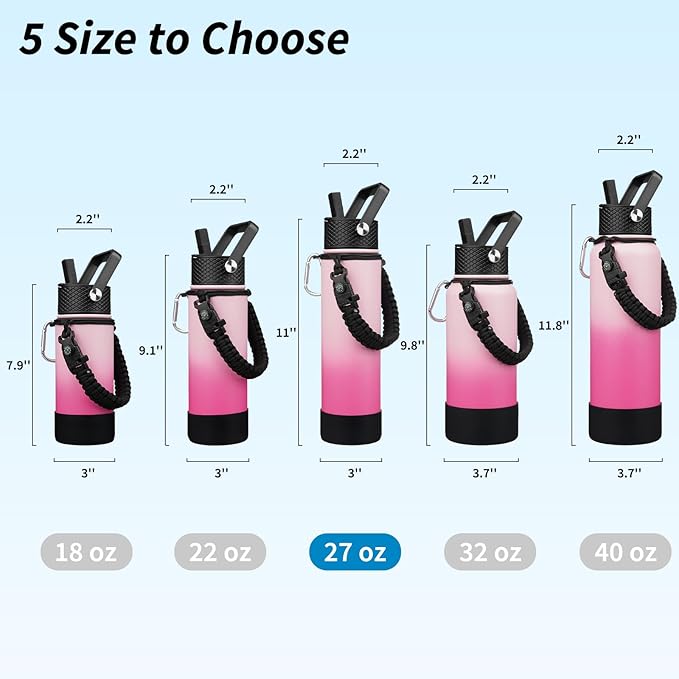 BJPKPK 27oz Insulated Water Bottles with 3 Lids, Paracord Handle & Non-slip Boot, Stainless Steel Metal Water Bottle with Straw, BPA Free Leak Proof Thermal Flasks, Tumblers,Cherry