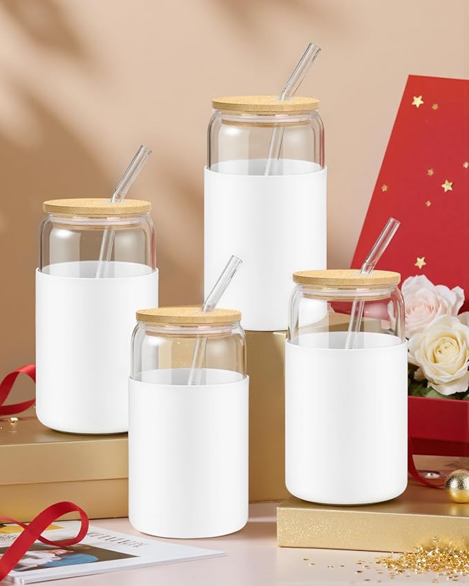sungwoo Glass Cups with Lids and Straws, 4 Pack 16OZ Iced Coffee Cups with Silicone Sleeve, Glass Tumbler with Straw and Bamboo Lid, Home Essential Drinking Set for Juice, Cocktail and Latte White