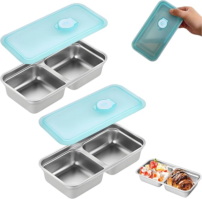 Grab and Go Snack Containers Reusable,Stainless Steel Double Compartment Snack Container,Compartment Containers with Lids,for Snacks Dips Travel and Outdoor Camping (2Pcs)