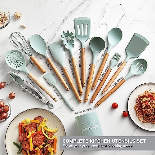 Country Kitchen Non Stick Silicone Utensil Set with Rounded Wood Handles for Cooking and Baking, 14 Piece Set, Mint - Image 5