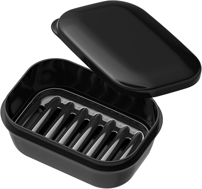 Quatish Leakproof Soap Dish with Lid & Draining Layer, Shatterproof Travel Bar Soap Holder Case Container, Portable Travel Size Toiletries Essentials for Camping, Gym, Bathroom, Black