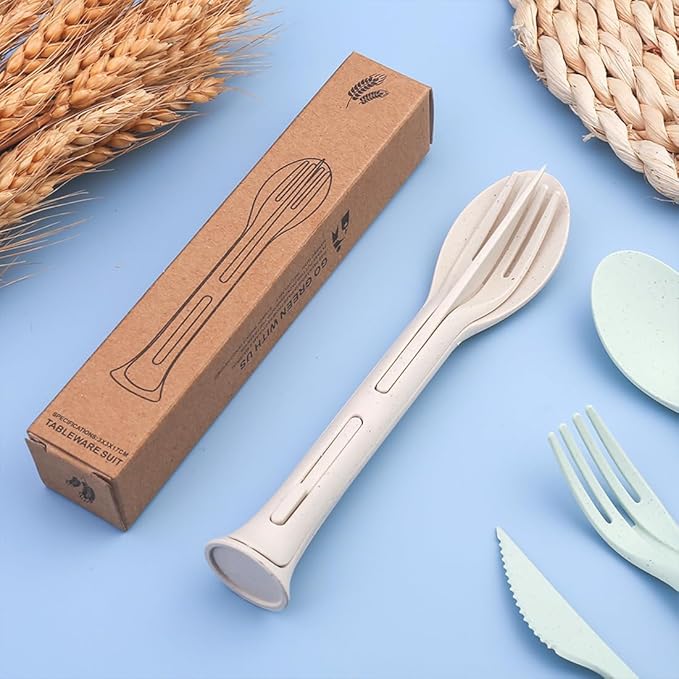 3PCS Wheat Straw Cutlery, Reusable Utensils Set Portable Travel 3 in 1 Spoon Fork Knife Tableware, Eco-Friendly, BPA Free, Flatware for Kids Adults, Travel Picnic Camping (Beige)