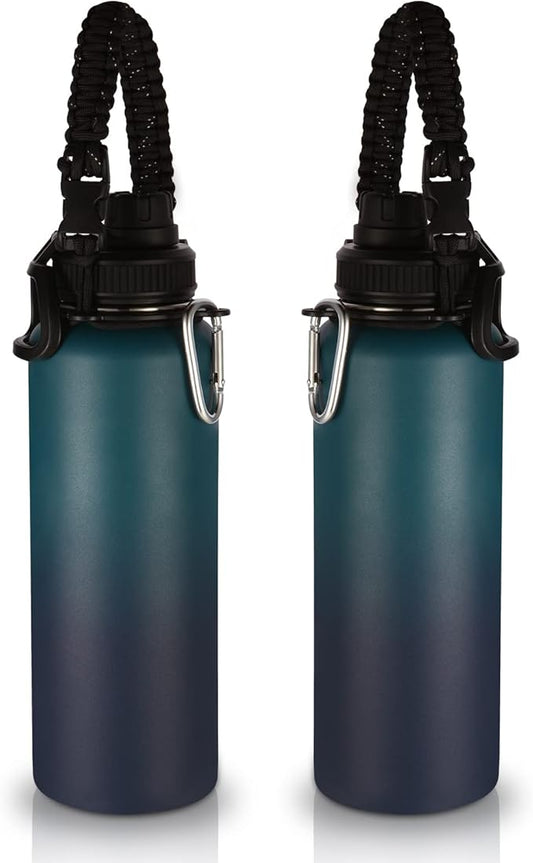 Volhoply Insulated Water Bottles Bulk 2 Pack, 40 oz Stainless Steel Sports Bottle with Paracord Handle & Spout Lid, Reusable Double Walled Vacuum Travel Cups for Adults Hiking(Dark Night,2 Set)