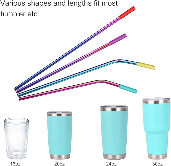 20 Pcs Rainbow Color Reusable Stainless Steel Straws,10.5" & 8.5" Reusable Drinking Straws with 20 Silicone Tips 5 Straw Brushes 1 Travel Case,Eco Friendly Extra Long Metal Straw for 20 30 oz Tumbler