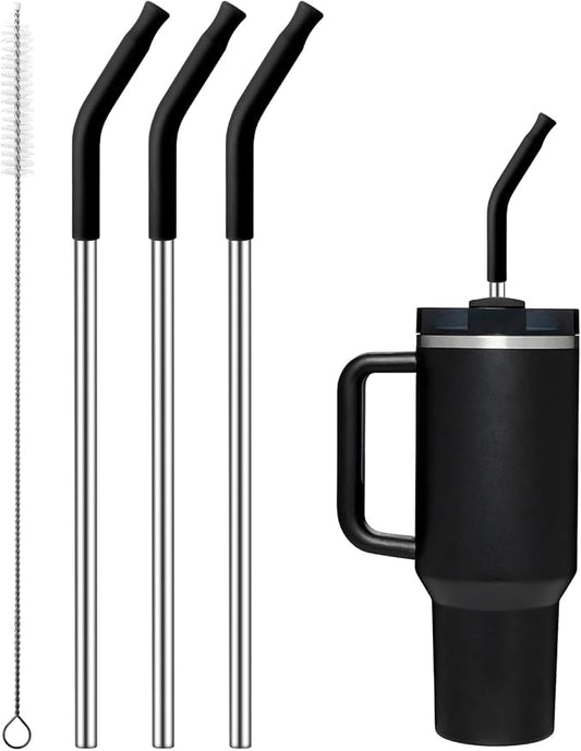 Reusable Metal Straws with Silicone Tip for Stanley 40oz,Stainless Steel Drinking Straws for 40oz Tumbler,3 Straight Tubes & 6 Tips& 1 Cleanr Brush(Black)