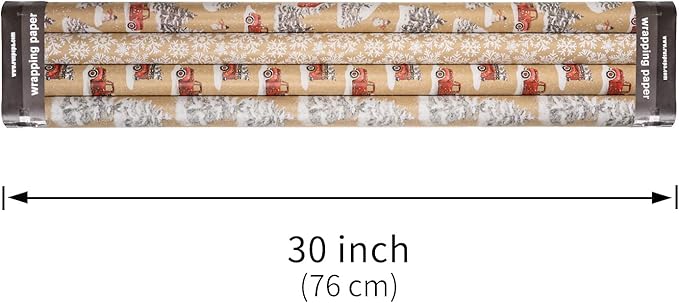 RUSPEPA Christmas Wrapping Paper, Kraft Paper - Snowflake, Snowman, Red Truck and Christmas Tree - 4 Rolls - 30 inches x 10 feet per Roll