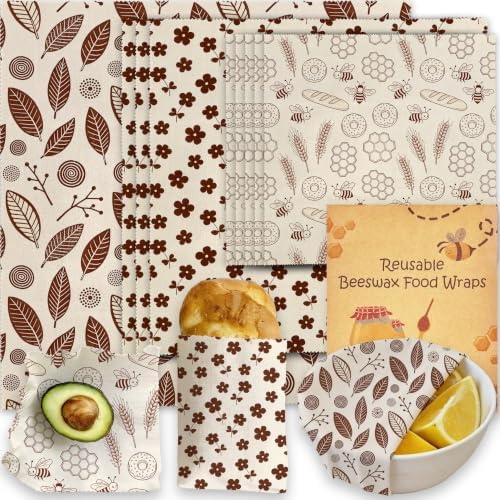 Reusable Bee&Floral Beeswax Wraps, 9 PCS Eco-Friendly Food Storage, Organic Cotton Sandwich, Snack, Bowl Covers, Zero Waste, Plastic-Free, Sustainable, 1XL, 3M, 5S by Unknown