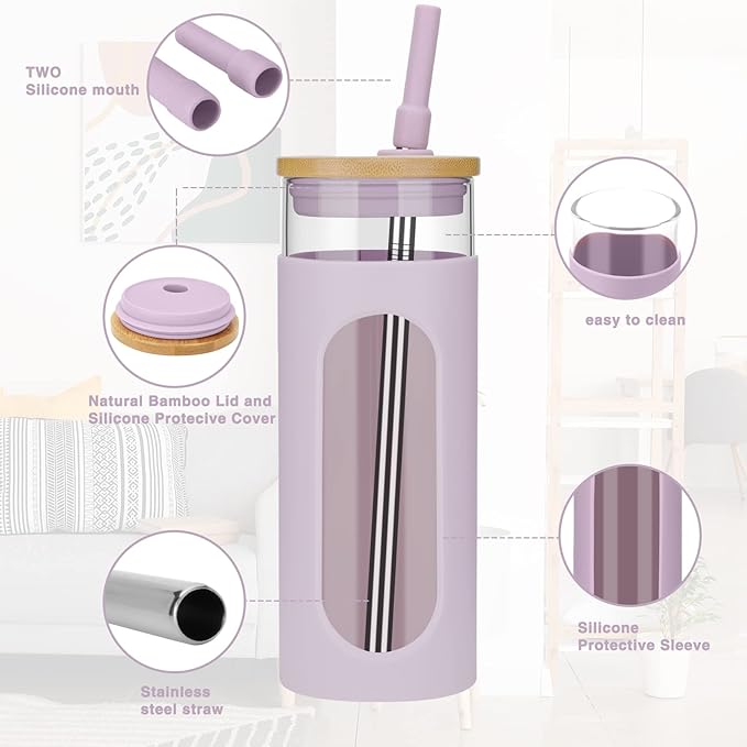 Tronco 22oz Glass Tumbler with Bamboo Lid and Straw, Reusable Iced Coffee Cup for Boba Tea, Smoothies & Cold Drinks, Spill-Proof Glass Cup with Silicone Sleeve, Dishwasher Safe, BPA-Free (Pack of 2)