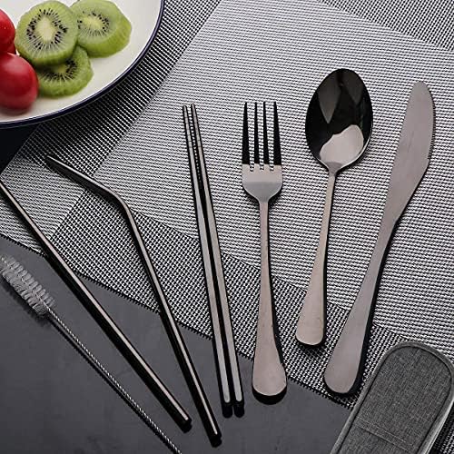 Travel Utensils Set with Case Reusable Portable Cutlery Set Stainless Steel 8pcs Including Dinner Knife Fork Spoon Chopsticks straws(Black) - Image 2