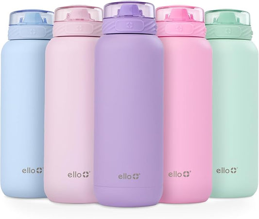Ello Cooper 32oz Stainless Steel Water Bottle with Straw and Carry Handle, Double Walled and Vacuum Insulated Metal, Leak Proof Locking Lid with Soft Silicone Spout, Reusable, BPA Free, Lilac