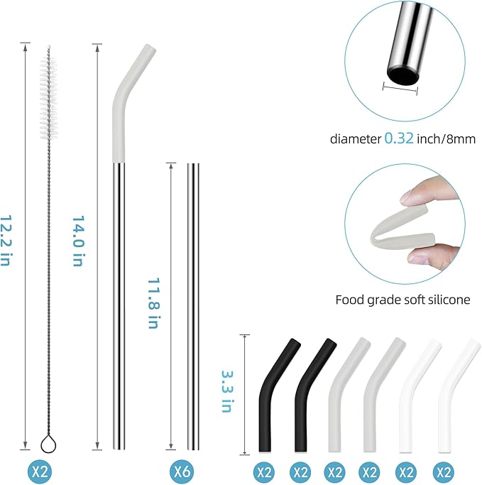 40 oz Stainless Metal Straws for 40 oz Stanley Tumbler, 6Pcs Reusable Straight Long Steel Straws with 12 Silicone Tips and 2 Straw Cleaning Brushes(3Color1, 40oz)