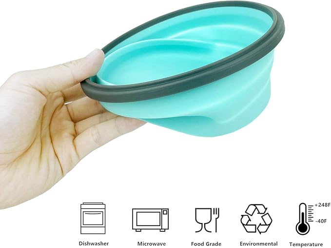 CCyanzi 1200ml Collapsible Camping Bowl Silicone Food Storage Container with Lid and Foldable Stainless Steel Fork Spoon, for Picnic, Travel, Camping, RV, Fridge and Microwave Bowls