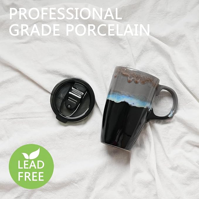 Bosmarlin Ceramic Travel Coffeel Mug with Handle and Lid, 18 oz, Portable Coffee Cup for Car Cup Holder, Microwave and Dishwasher Safe, Reactive Glaze (Grey)