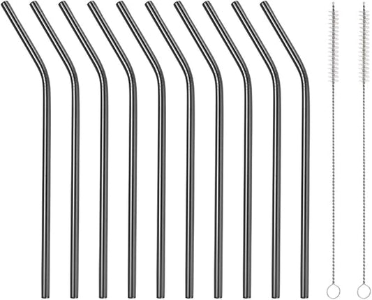 10 Pcs Stainless Steel Straws, Reusable Drinking Straws, Bent Metal Straw Sets with 2 Pcs Cleaning Brushes (Black, 10.5 Inch)