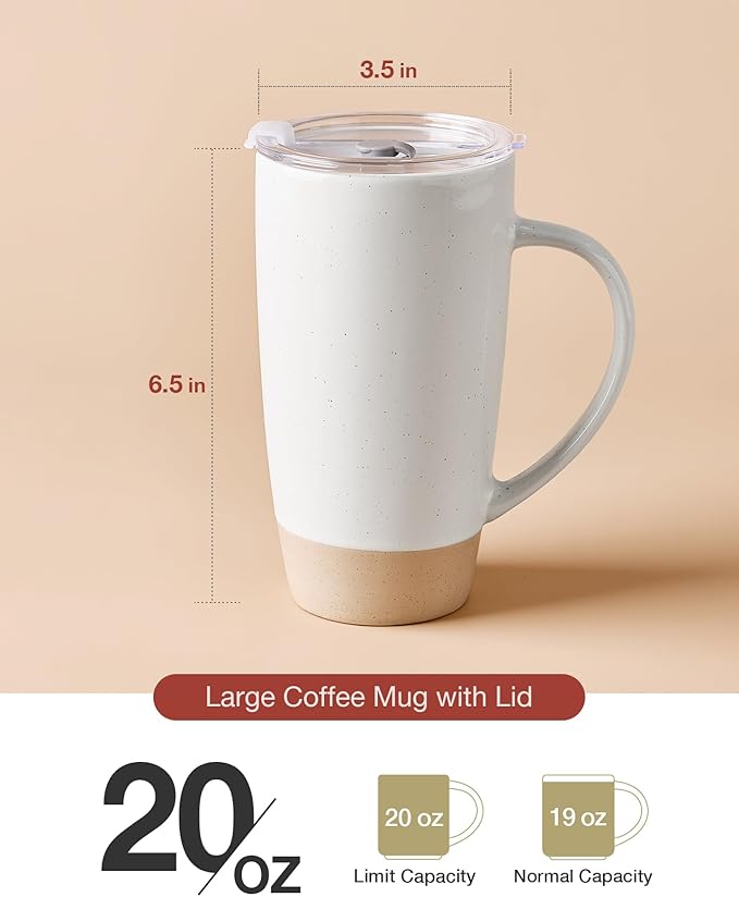 famiware Milkyway Coffee Mugs, 20oz Large Coffee Mug, Ceramic Mug Set of 2 with Lid, Cup Set with Handle for Latte, Tea, Cocoa, Milk, Home & Office, Cinnamon Brown and Light Gray