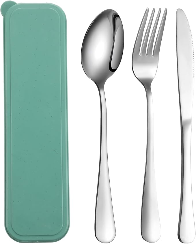 Yinkin 1 Pack Portable Travel Utensils Set with Case Reusable Stainless Steel Silverware Flatware Camping Cutlery Include Fork Spoon Knife for Work School Dishwasher Safe(Sage Green)