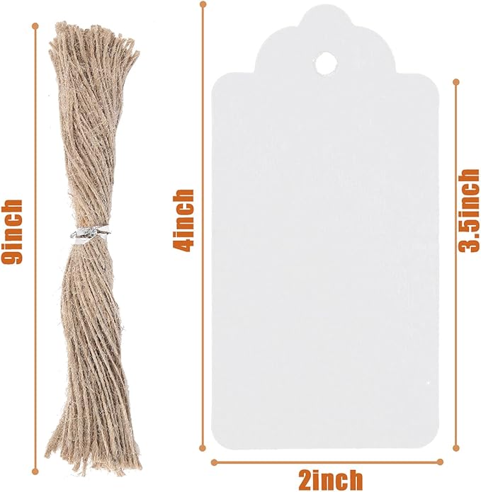 SallyFashion 100pcs Gift Tags with String Attached, 2 x 4 inch Kraft Paper Hang Tags for Clothes DIY Crafts Wedding Holiday (White)