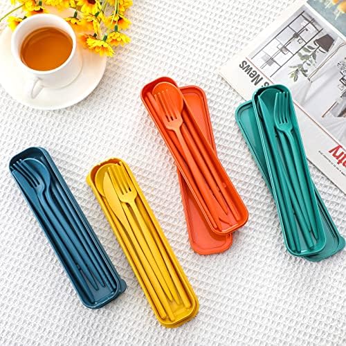 12 Sets Reusable Travel Utensils Set with Case (Knife, Fork, Spoon, Chopsticks), Wheat Straw Portable Plastic Camping Cutlery, Lunch Tableware for Kids Adults Daily Use, Gifts for Office Christmas - Image 4