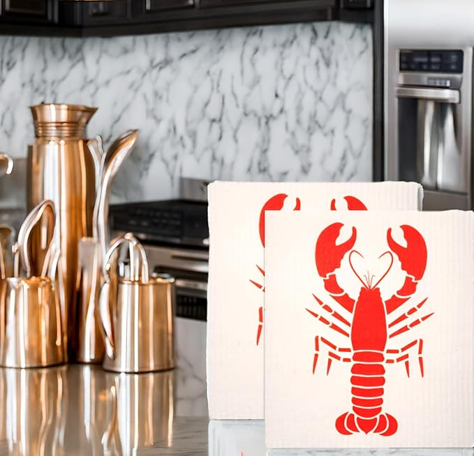 Swedish Dishcloths 2 Pack Red Lobster Print Reusable Sponges Kitchen Cleaning Cloth Dish Scrubber, Machine Washable, Measures 7.87”x6.88 inches.