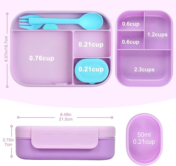 Caperci Bento Box for Kids - Stackable Leakproof Multiple Compartments Lunch Containers for Kids with Sauce Container, 5.8 Cups, Idea for School, On-the-go, Built-in Utensil Set, BPA Free (Purple)