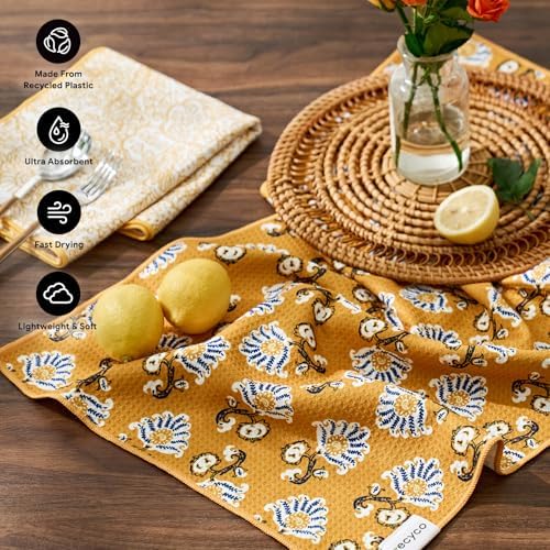 RECYCO Waffle Kitchen Towel Set of 2 - Quick Dry Microfiber Sustainable Dish Towels - Ultra Absorbent Reusable Cleaning Tea Towels - Lightweight Hand Towels,16”x 28”, Marigold Mosaic - Image 2