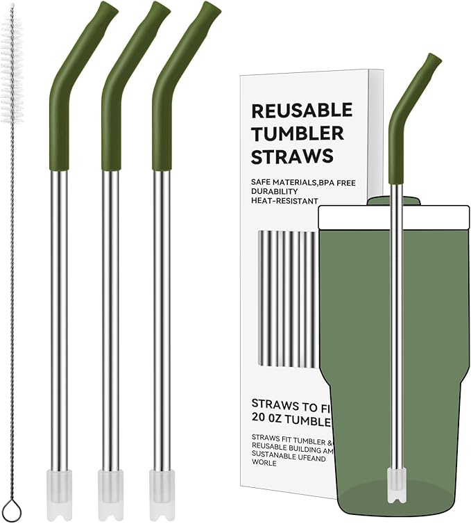 Reusable Metal Straws with Silicone Tip for Stanley 20oz,Stainless Steel Drinking Straws for 20oz Tumbler,3 Straight Tubes & 6 Tips& 1 Cleanr Brush(Dried Pine)
