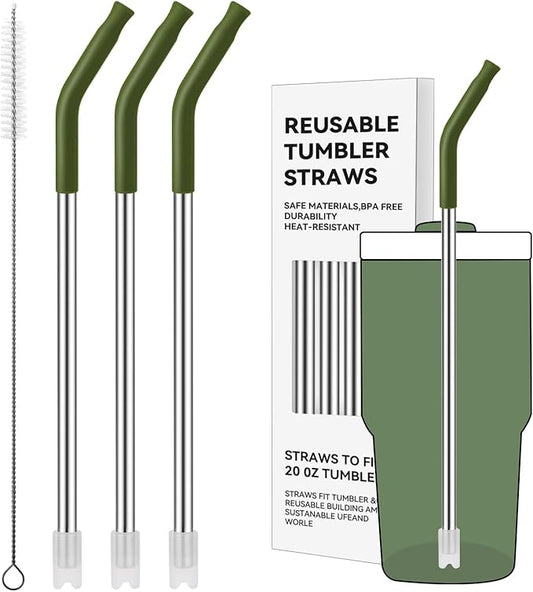 Reusable Metal Straws with Silicone Tip for Stanley 20oz,Stainless Steel Drinking Straws for 20oz Tumbler,3 Straight Tubes & 6 Tips& 1 Cleanr Brush(Dried Pine)