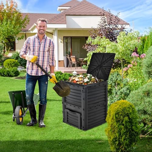 Goplus Compost Bin, 80 Gallon (300 L) Large Outdoor Composting Box w/Top Flip Latch-on Lid, Bottom Exit Door, BPA Free Material, Grass Food Trash Composter Barrel for Garden Yard (Black) - Image 7