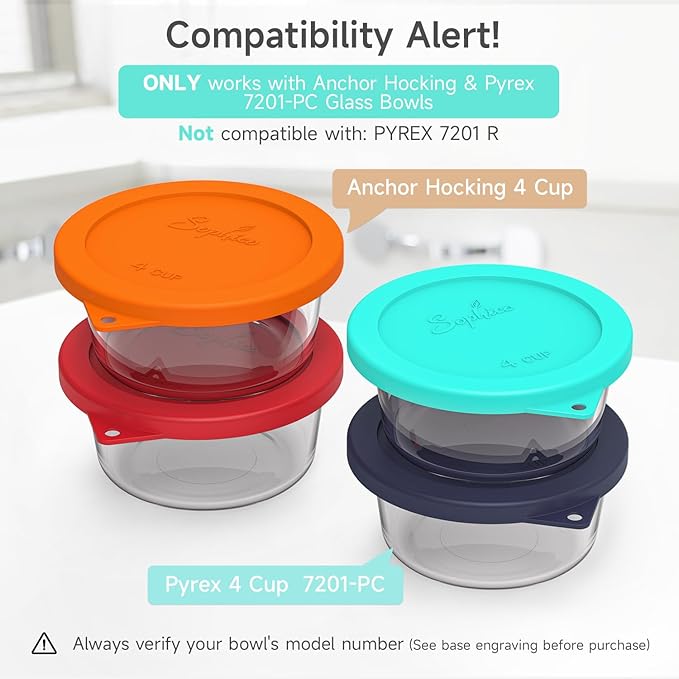 Sophico 4 Cup Round Silicone Storage Cover Lids Replacement for Anchor Hocking and Pyrex 7201-PC Glass Bowls (Container not Included) (Navy blue-Mint) 4 Pack