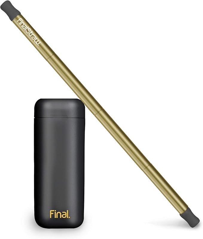 FinalStraw Collapsible, Reusable, Metal Straw | Travel Case, Cleaning Tool | Easy to Clean | Stainless Steel and 100% Silicon Tips | Eco-Friendly | Pirate's Booty Black Case, Gold Stainless Steel