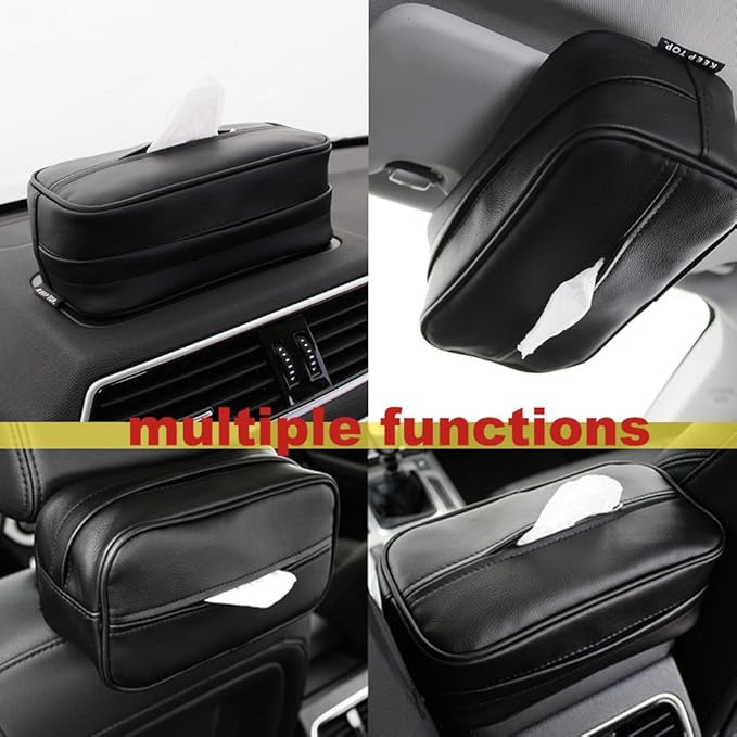 Car Tissue Holder, Travel Napkin Dispenser - PU Leather Fits Most Cars, SUVs, Trucks, and Vans