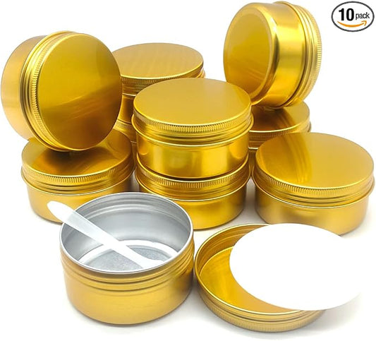 80ml Aluminum Tin Jar, Refillable Makeup Container 80g Gold Screw up Lid Small Round Container Bottle for Cosmetics, Lip Balm, Cream, Toner, Eyeshadow, Candle, Tea, Beads, Nails, 10 Pack Tins