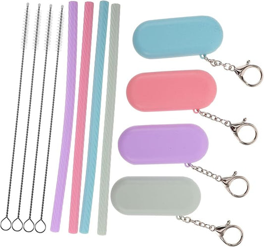 4 Sets Foldable Reusable Silicone Straws with Silicone Case Keychains and Stainless Steel Cleaning Brushes Portable Multipurpose Drinking Tools for Travel and Party Use