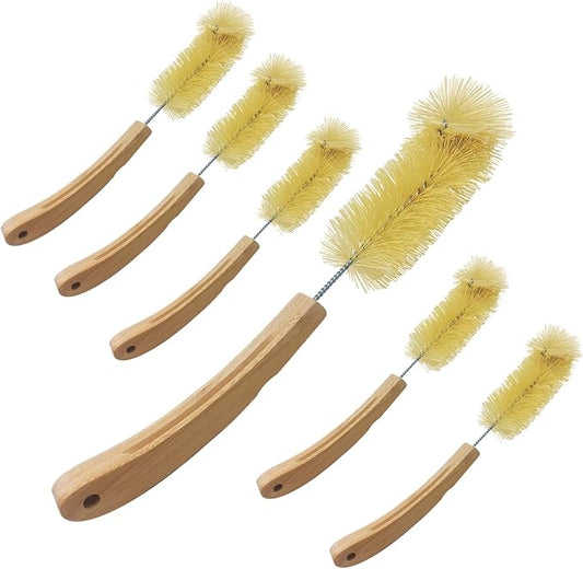 LOLA Bamboo Bottle Brush, 6 Pack, Ergonomic Durable Bamboo Handle, Non Scratch, Easy Storage, Bristles Made from Recycled Soda/Water Bottles
