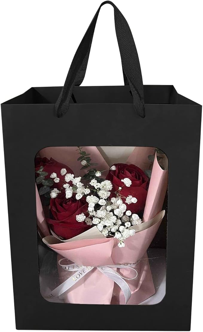 BallHull 12 Pcs Black Kraft Paper Gift Bags with Transparent Window, 9.84"x7.0"x5.12" Kraft Shopping Bags with Handles for Bouquet Christmas Birthdays Festivals Party Weddings Wrapping