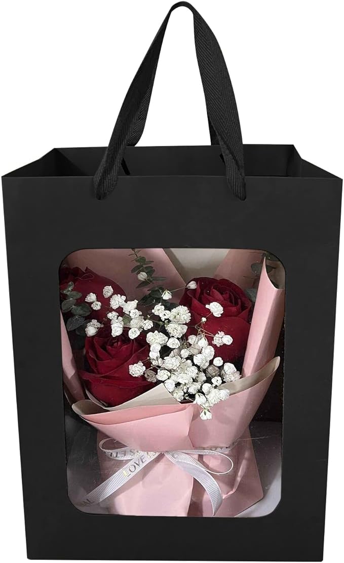 40 Pcs Black Paper Gift Bags with Transparent Window, 9.84"x7.0"x5.12" Kraft Shopping Bags with Handles for Bouquet Christmas Birthdays Festivals Party Weddings Wrapping