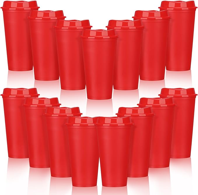 Domensi 15 Pack Reusable Coffee Cups with Lids 16 oz Disposable Travel Cups Bulk Plastic to Go Coffee Tumblers for DIY Hot Cold Drink Party Favors Coworker, Microwaveable (Red)