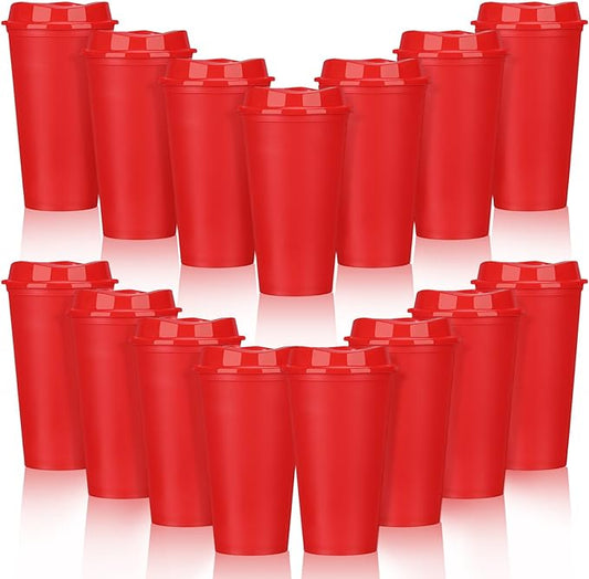 Domensi 15 Pack Reusable Coffee Cups with Lids 16 oz Disposable Travel Cups Bulk Plastic to Go Coffee Tumblers for DIY Hot Cold Drink Party Favors Coworker, Microwaveable (Red)