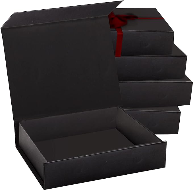 5 Pack Black Hard Gift Box with Magnetic Closure Lid 7" x 5" x 1.6" Rectangle Boxes For Gifts With Black Glossy Finish (Black, 5 Boxes)
