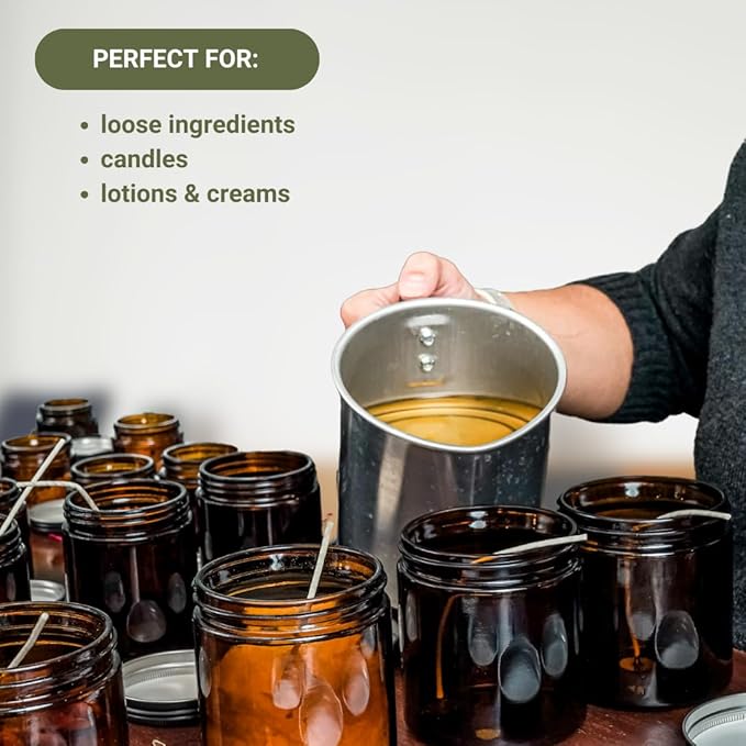 Glass Amber 1oz Jar - 12 Packs, Empty Round Jars For Beauty Products, Lotion, and Powders - Black Lid - Small Candle Jars