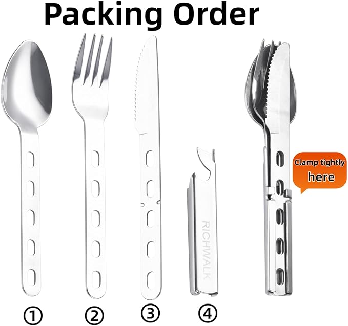 4-in-1 Camping Spoon Fork Knife Combos Set of 4 - Portable Stainless Steel Flatware Spoon Fork kit - fork Knife & Bottle Opener Combo Pack for Picnic Hiking Travel